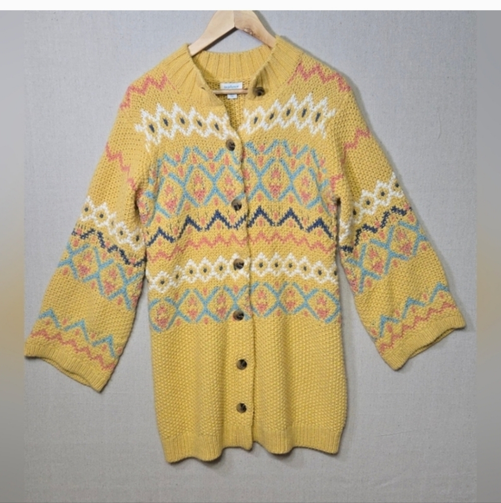 Sundance Yellow Multicolor Patterned Cardigan Fair Isle Chunky Knit Cabin Cozy - Picture 6 of 6